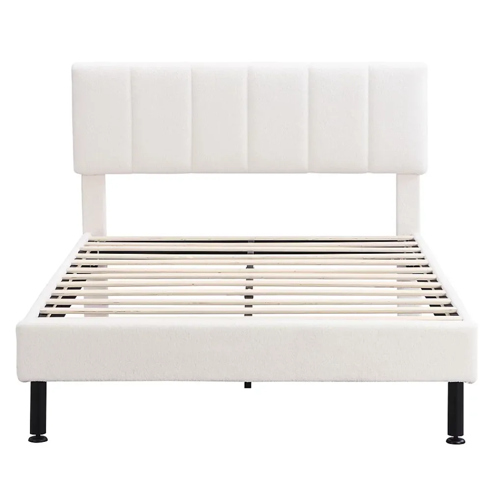 Gutent Lit adulte lit cadre à lattes en bois lit 140x190 cm lit rembourré lit pieds en fer Single sherpa beige* Lit Double