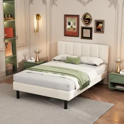 Gutent Lit adulte lit cadre à lattes en bois lit 140x190 cm lit rembourré lit pieds en fer Single sherpa beige* Lit Double
