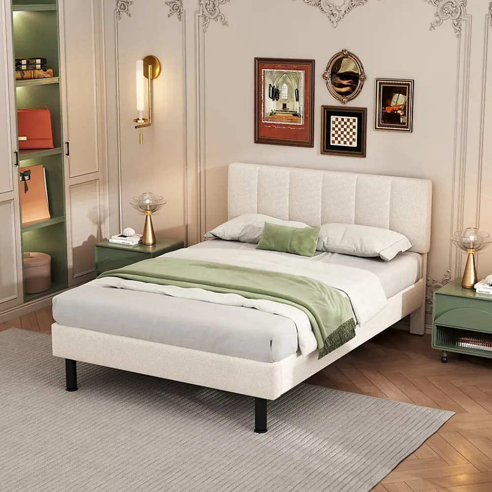 Gutent Lit adulte lit cadre à lattes en bois lit 140x190 cm lit rembourré lit pieds en fer Single sherpa beige* Lit Double