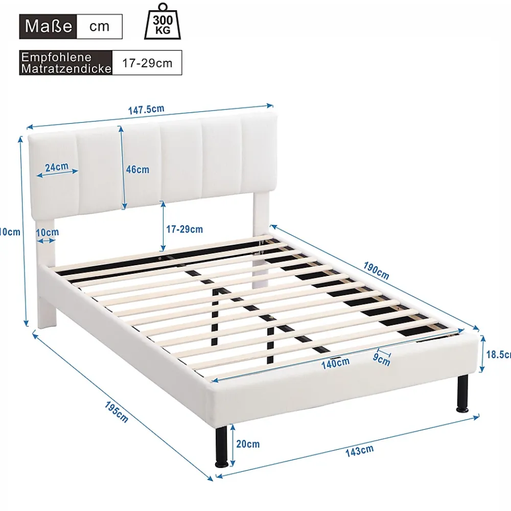 Gutent Lit adulte lit cadre à lattes en bois lit 140x190 cm lit rembourré lit pieds en fer Single sherpa beige* Lit Double