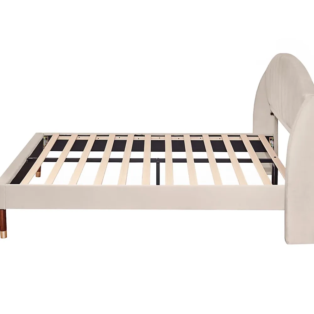 Gutent Lit adulte lit cadre à lattes en bois lit 160x200 cm lit rembourré Single velours beige* Lit Double