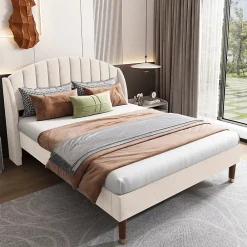 Gutent Lit adulte lit cadre à lattes en bois lit 160x200 cm lit rembourré Single velours beige* Lit Double
