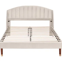 Gutent Lit adulte lit cadre à lattes en bois lit 160x200 cm lit rembourré Single velours beige* Lit Double