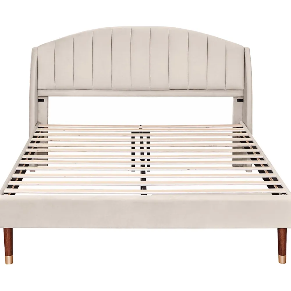 Gutent Lit adulte lit cadre à lattes en bois lit 160x200 cm lit rembourré Single velours beige* Lit Double