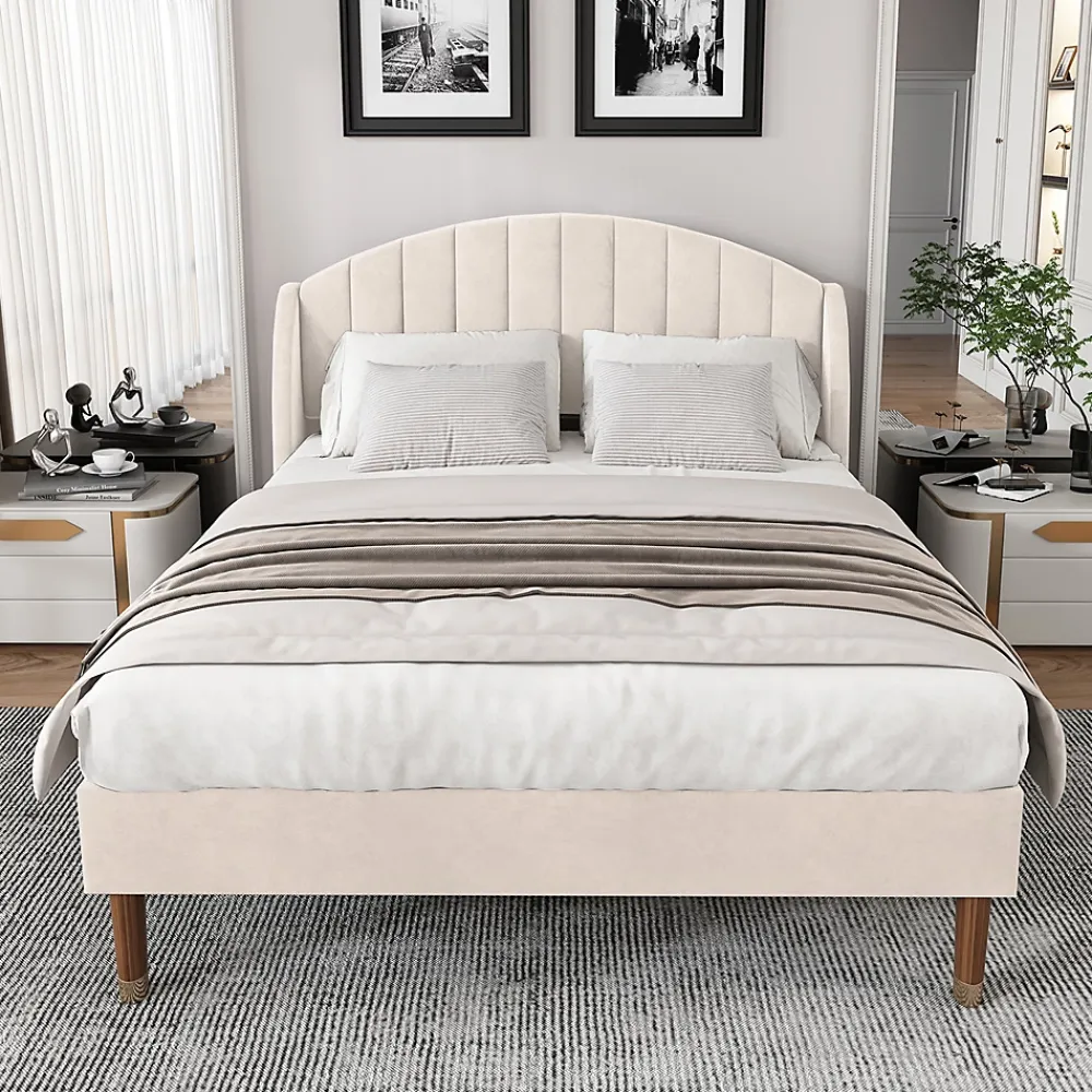 Gutent Lit adulte lit cadre à lattes en bois lit 160x200 cm lit rembourré Single velours beige* Lit Double