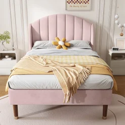Gutent Lit adulte lit cadre à lattes en bois lit 90x200 cm lit rembourré Single velours rose* Lit Simple