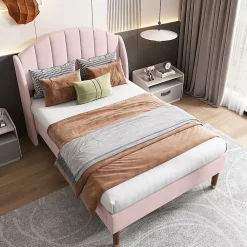Gutent Lit adulte lit cadre à lattes en bois lit 90x200 cm lit rembourré Single velours rose* Lit Simple