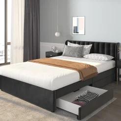 Lit adulte lit cadre à lattes en bois lit 160x200 cm lit rembourré lit 2 tiroirs lit double velours noir>Gutent Discount