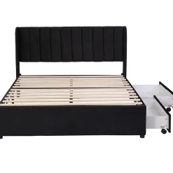 Lit adulte lit cadre à lattes en bois lit 160x200 cm lit rembourré lit 2 tiroirs lit double velours noir><noscript><img width=