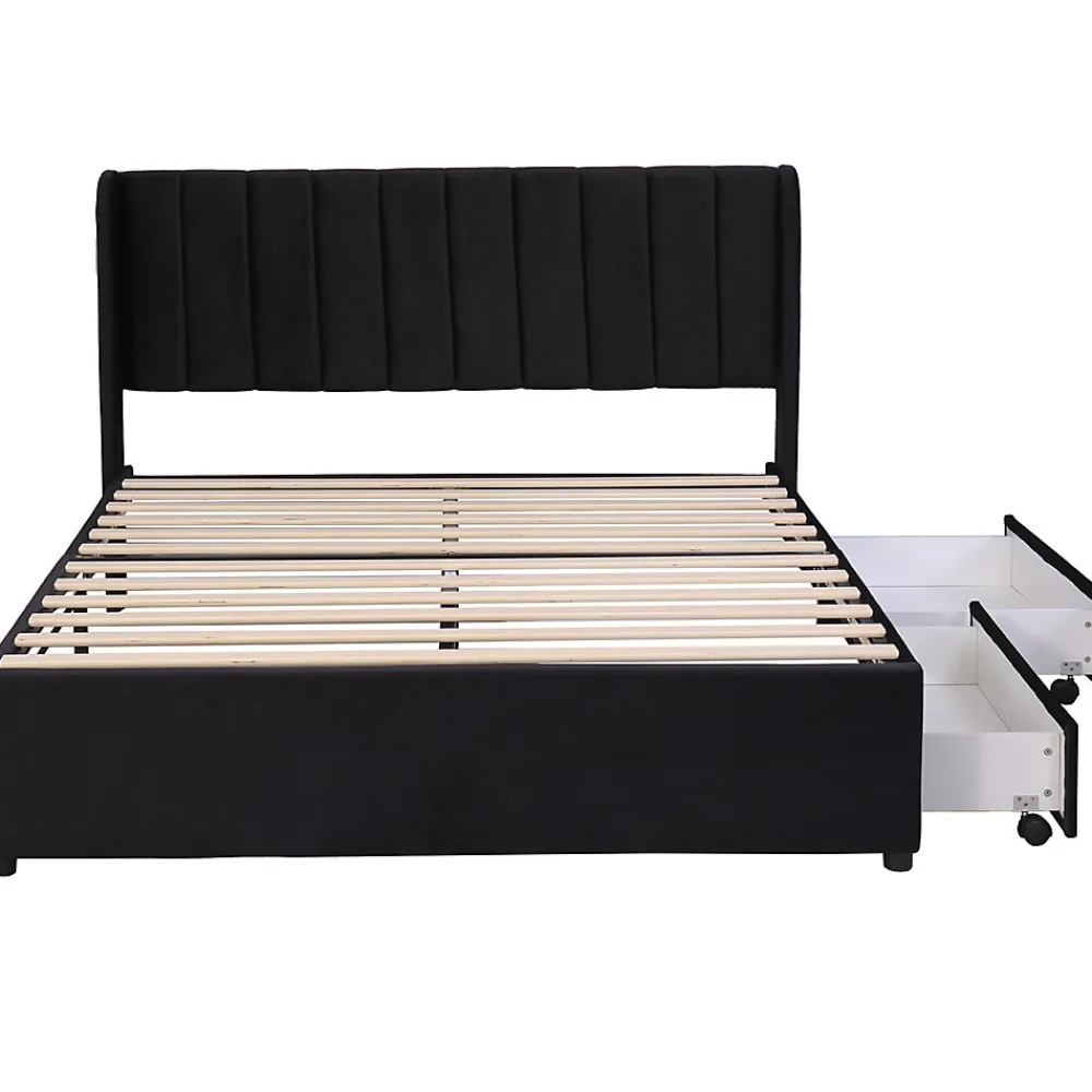 Lit adulte lit cadre à lattes en bois lit 160x200 cm lit rembourré lit 2 tiroirs lit double velours noir>Gutent Discount