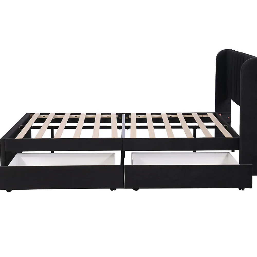 Lit adulte lit cadre à lattes en bois lit 160x200 cm lit rembourré lit 2 tiroirs lit double velours noir>Gutent Discount