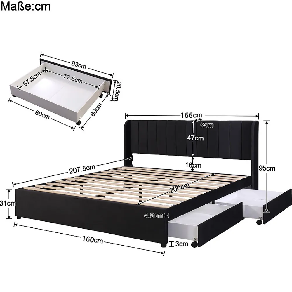 Lit adulte lit cadre à lattes en bois lit 160x200 cm lit rembourré lit 2 tiroirs lit double velours noir>Gutent Discount
