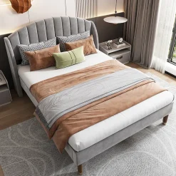 Lit adulte lit cadre à lattes en bois lit 160x200 cm lit rembourré Single velours gris>Gutent Outlet
