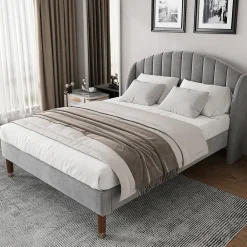 Lit adulte lit cadre à lattes en bois lit 160x200 cm lit rembourré Single velours gris>Gutent Outlet