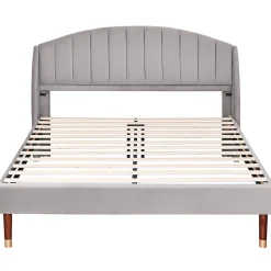 Lit adulte lit cadre à lattes en bois lit 160x200 cm lit rembourré Single velours gris><noscript><img width=
