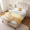 Lit adulte lit cadre à lattes en bois lit 90x200 cm lit rembourré Single velours beige>Gutent Sale