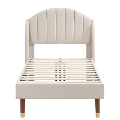Lit adulte lit cadre à lattes en bois lit 90x200 cm lit rembourré Single velours beige>Gutent Sale