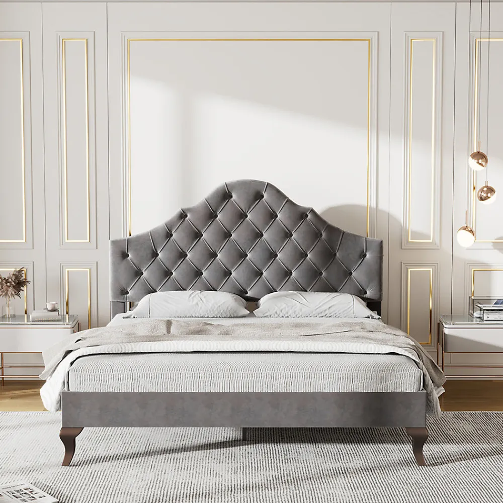 Lit adulte lit cadre à lattes en bois lit 90x200 cm lit rembourré Single velours gris>Gutent Sale