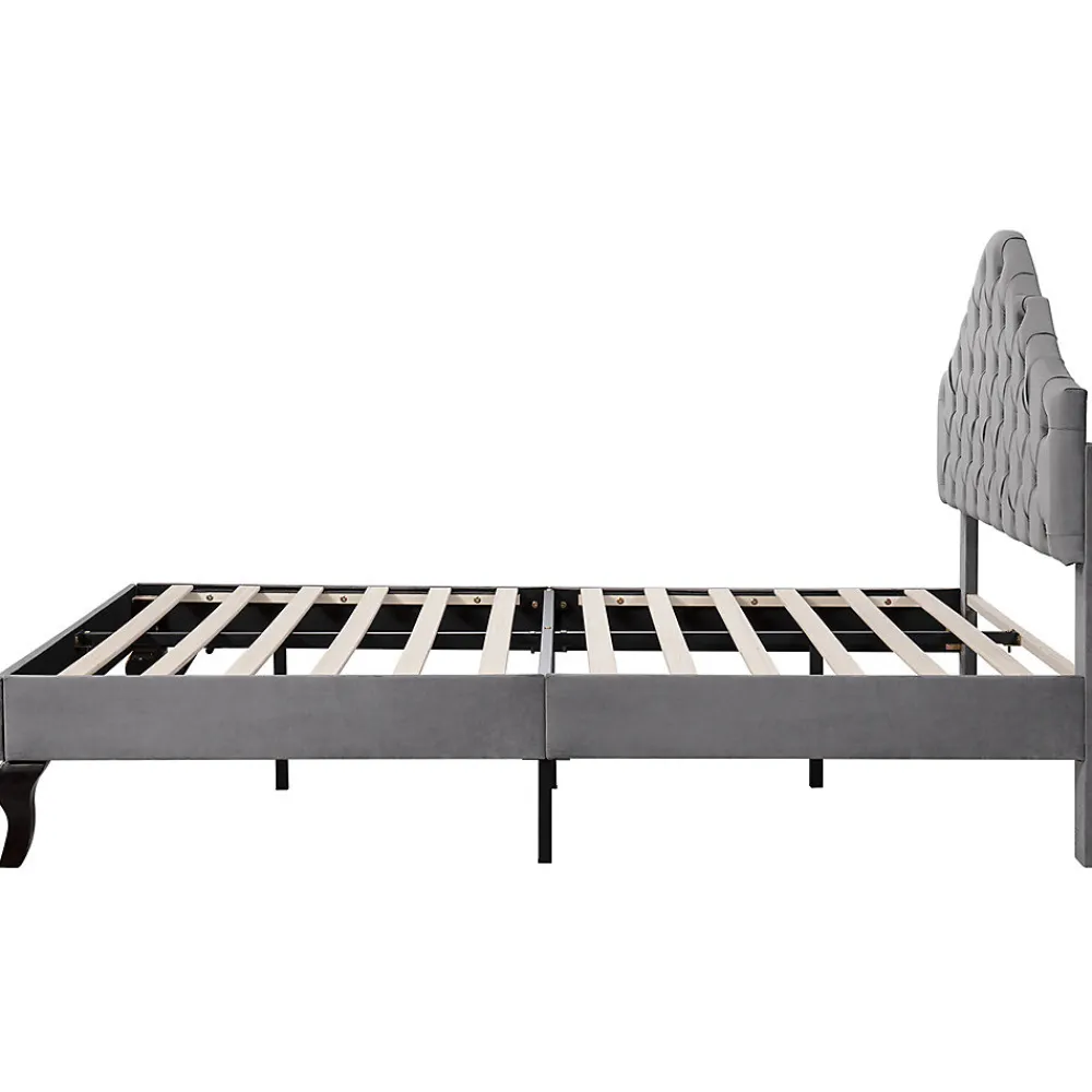 Lit adulte lit cadre à lattes en bois lit 90x200 cm lit rembourré Single velours gris>Gutent Sale