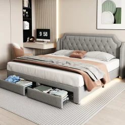 Gutent Lit adulte lit cadre à lattes en bois lit 180x200 cm lit led rembourré lit 2 tiroirs lit double lin gris* Lit Avec Rangement
