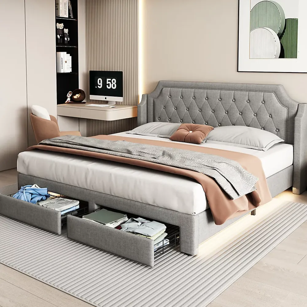 Gutent Lit adulte lit cadre à lattes en bois lit 180x200 cm lit led rembourré lit 2 tiroirs lit double lin gris* Lit Avec Rangement