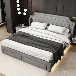 Gutent Lit adulte lit cadre à lattes en bois lit 180x200 cm lit led rembourré lit 2 tiroirs lit double lin gris* Lit Avec Rangement