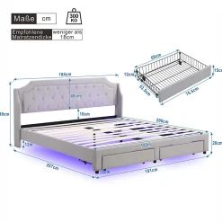 Gutent Lit adulte lit cadre à lattes en bois lit 180x200 cm lit led rembourré lit 2 tiroirs lit double lin gris* Lit Avec Rangement