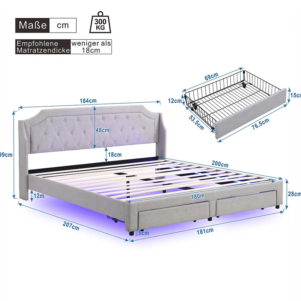 Gutent Lit adulte lit cadre à lattes en bois lit 180x200 cm lit led rembourré lit 2 tiroirs lit double lin gris* Lit Avec Rangement