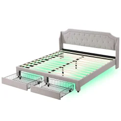 Gutent Lit adulte lit cadre à lattes en bois lit 180x200 cm lit led rembourré lit 2 tiroirs lit double lin gris* Lit Avec Rangement