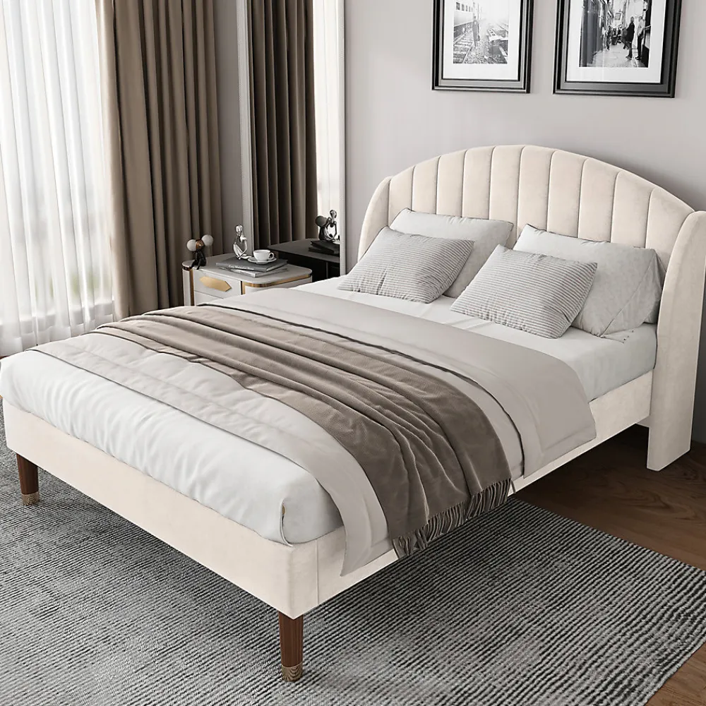 Gutent Lit adulte lit cadre à lattes en bois lit 140x200 cm lit rembourré Single velours beige* Lit Double