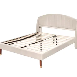 Gutent Lit adulte lit cadre à lattes en bois lit 140x200 cm lit rembourré Single velours beige* Lit Double