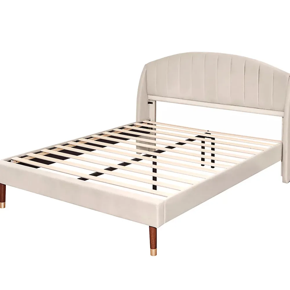 Gutent Lit adulte lit cadre à lattes en bois lit 140x200 cm lit rembourré Single velours beige* Lit Double