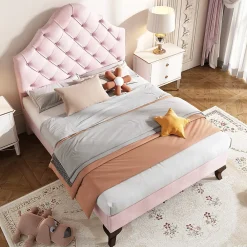 Gutent Lit adulte lit cadre à lattes en bois lit 90x200 cm lit rembourré Single velours rose* Lit Simple