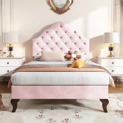 Gutent Lit adulte lit cadre à lattes en bois lit 90x200 cm lit rembourré Single velours rose* Lit Simple