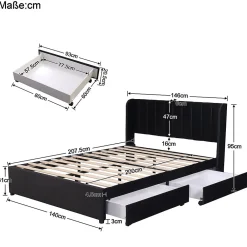 Lit adulte lit cadre à lattes en bois lit 140x200 cm lit rembourré lit 2 tiroirs lit double velours noir><noscript><img width=