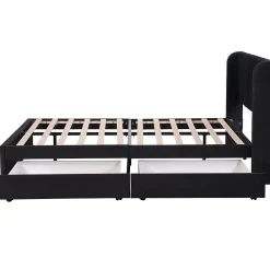 Lit adulte lit cadre à lattes en bois lit 140x200 cm lit rembourré lit 2 tiroirs lit double velours noir><noscript><img width=