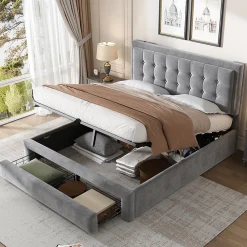 Lit adulte lit coffre lit 140x200 cm lit de rangement lit rembourré hydraulique lit 2 tiroirs lit double velours gris>Gutent Clearance
