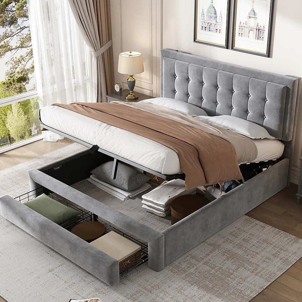 Lit adulte lit coffre lit 140x200 cm lit de rangement lit rembourré hydraulique lit 2 tiroirs lit double velours gris>Gutent Clearance