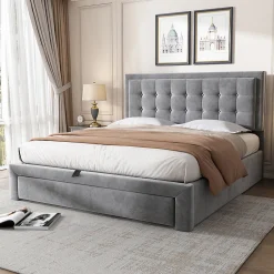 Lit adulte lit coffre lit 140x200 cm lit de rangement lit rembourré hydraulique lit 2 tiroirs lit double velours gris><noscript><img width=