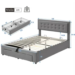 Lit adulte lit coffre lit 140x200 cm lit de rangement lit rembourré hydraulique lit 2 tiroirs lit double velours gris><noscript><img width=