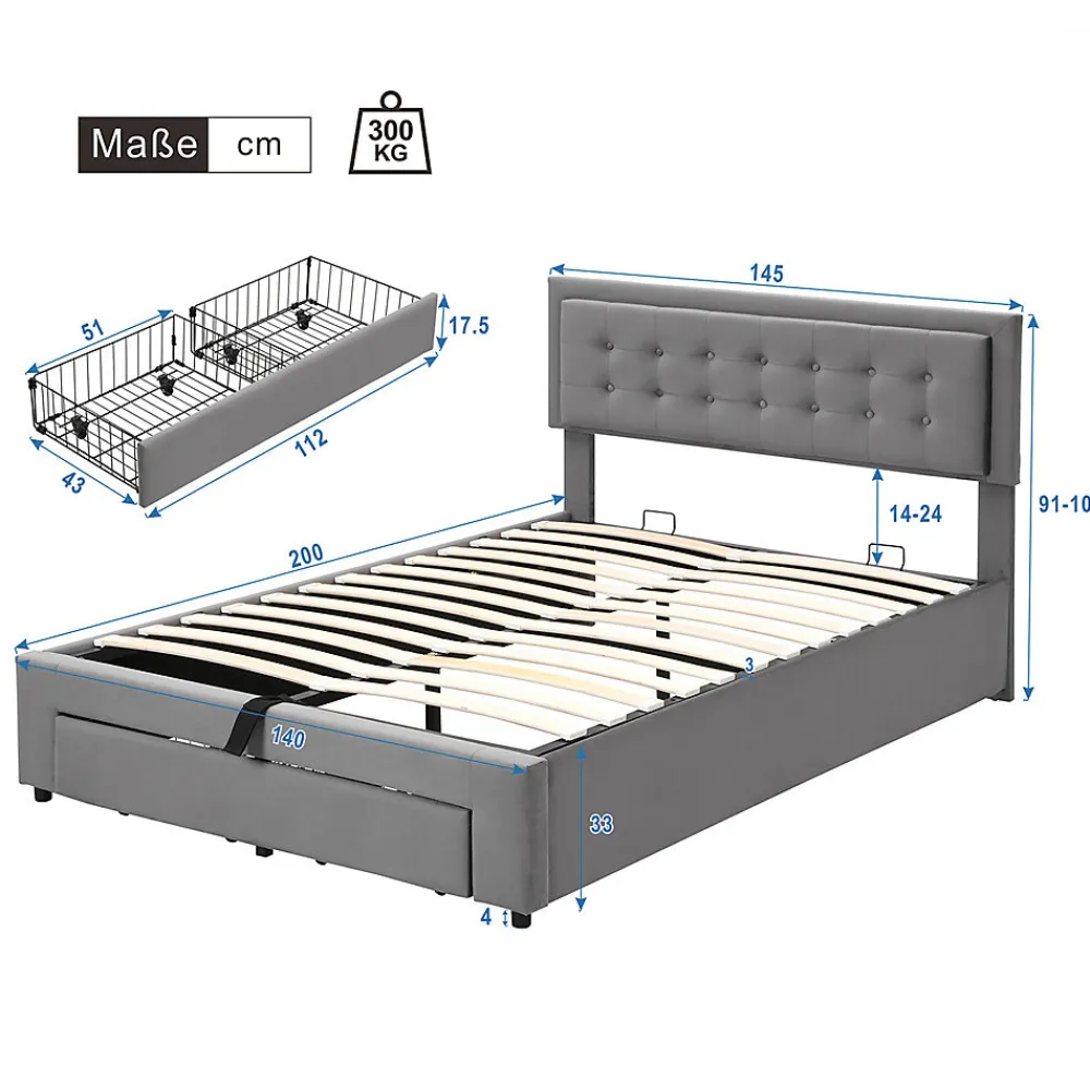 Lit adulte lit coffre lit 140x200 cm lit de rangement lit rembourré hydraulique lit 2 tiroirs lit double velours gris>Gutent Clearance
