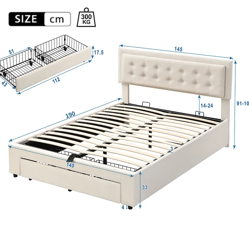 Gutent Lit adulte lit coffre lit 140x190 cm lit de rangement lit rembourré hydraulique lit 2 tiroirs lit double velours beige* Lit Avec Rangement