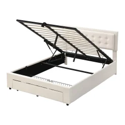 Gutent Lit adulte lit coffre lit 140x190 cm lit de rangement lit rembourré hydraulique lit 2 tiroirs lit double velours beige* Lit Avec Rangement