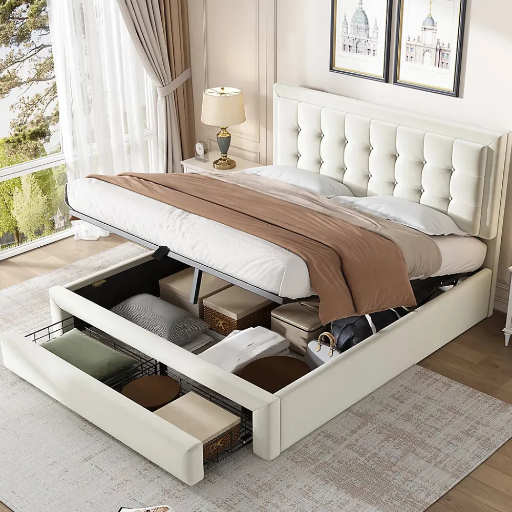 Gutent Lit adulte lit coffre lit 140x190 cm lit de rangement lit rembourré hydraulique lit 2 tiroirs lit double velours beige* Lit Avec Rangement