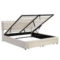 Gutent Lit adulte lit coffre lit 180x200 cm lit de rangement lit rembourré hydraulique lit 2 tiroirs lit double velours beige* Lit Avec Rangement