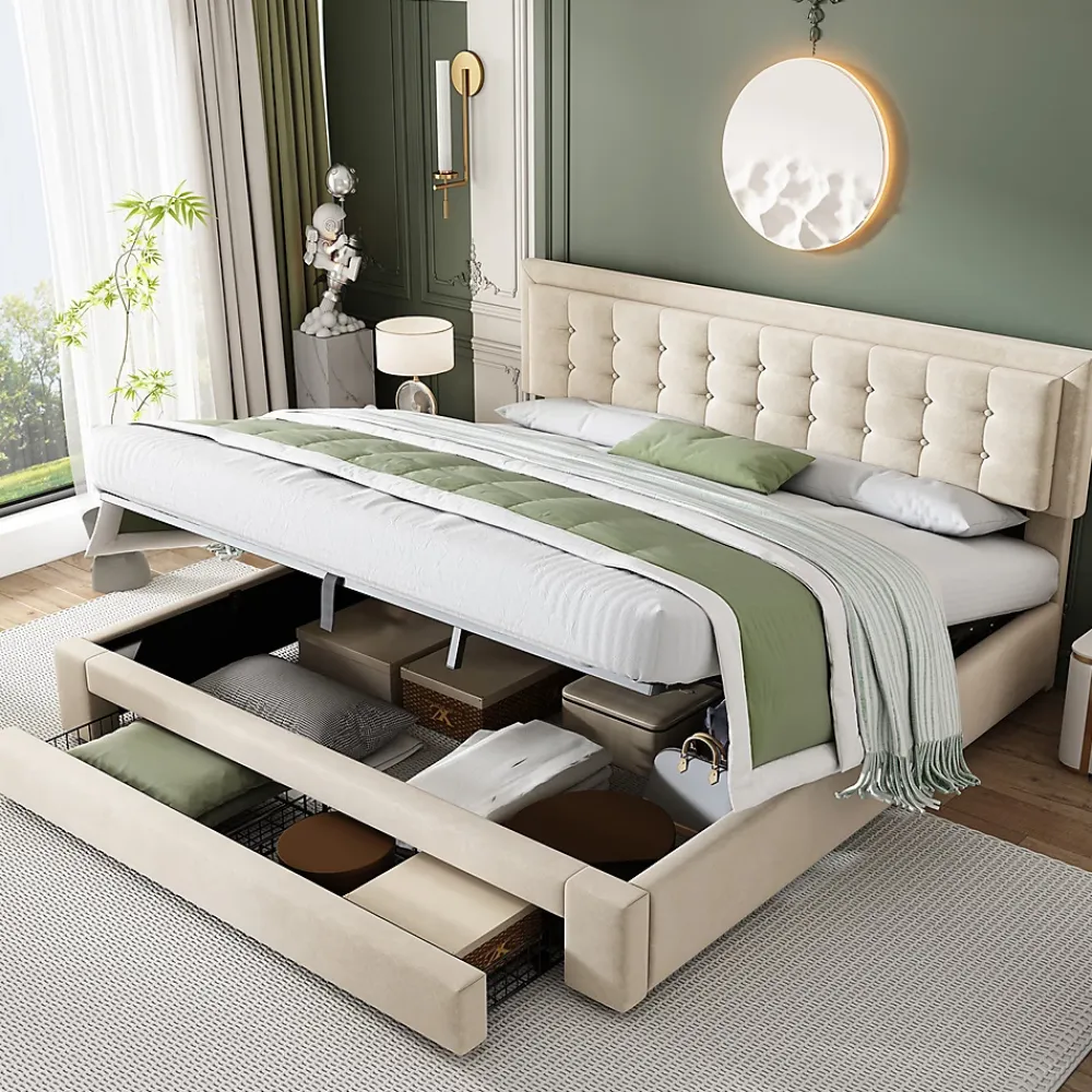 Gutent Lit adulte lit coffre lit 180x200 cm lit de rangement lit rembourré hydraulique lit 2 tiroirs lit double velours beige* Lit Avec Rangement