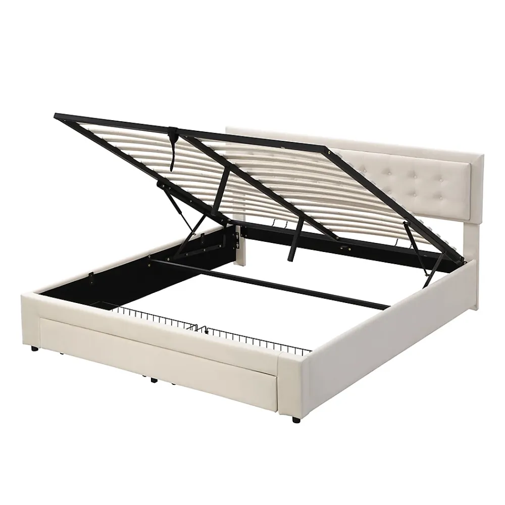 Gutent Lit adulte lit coffre lit 180x200 cm lit de rangement lit rembourré hydraulique lit 2 tiroirs lit double velours beige* Lit Avec Rangement