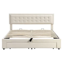 Gutent Lit adulte lit coffre lit 180x200 cm lit de rangement lit rembourré hydraulique lit 2 tiroirs lit double velours beige* Lit Avec Rangement
