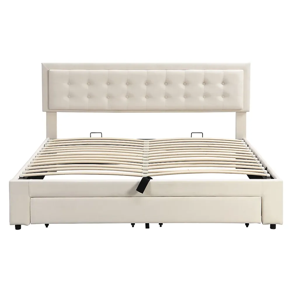 Gutent Lit adulte lit coffre lit 180x200 cm lit de rangement lit rembourré hydraulique lit 2 tiroirs lit double velours beige* Lit Avec Rangement