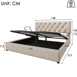 Gutent Lit adulte lit coffre lit 140x200 cm lit de rangement lit rembourré hydraulique lit en métal lit double lin gris clair* Lit Coffre
